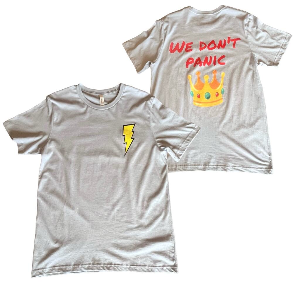 We Don't Panic Graphic T SHIRT LG Men's Women's Lightning Bold Crown 100% Cotton